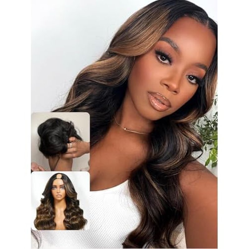 Nadula Balayage Ombre V Part Yaki Wavy Drawstring Wigs Human Hair No Leave Out Upgrade U Part Wig,Glueless Highlight V-part Wavy Wig with Flip Out Bangs Ready to Go Vpart Wig 150% Density 16inch