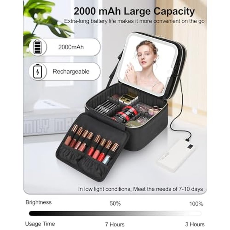 TANTO Travel Makeup Bag with LED Mirror Double Layer Makeup Case with Lighted Mirror Dual Layer Cosmetic Train Case Portable Artist Organizer Bag with Dividers and Rechargeable Vanity (Black, Small)
