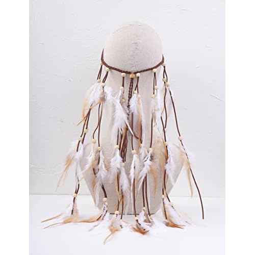 Jumwrit Bohemian Feather Headband Indian Gypsy Headpiece with White and Brown Feather Tassel Adjustable Braided Rope Beaded Hairband Hippie Accessories for Women and Girls