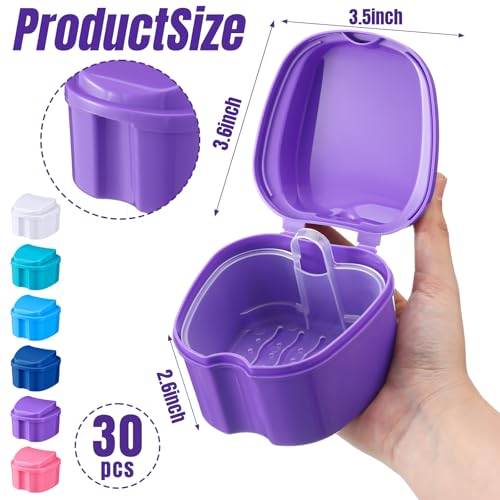 Zubebe 30 Pcs Denture Bath Retainer Case Holder Bulk with Strainer Basket Dental Cup Denture Soaking Container False Teeth Storage Box for Travel Cleaning Brace Mouth Guard, 5 Colors