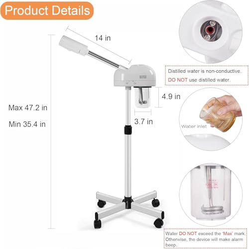 Professional Facial Steamer with Hot Mist Function, Stand Facial Steamer On Wheels, Height Adjustable & 360¡Æ Rotatable Nozzle, Use at Home & Salon SPA
