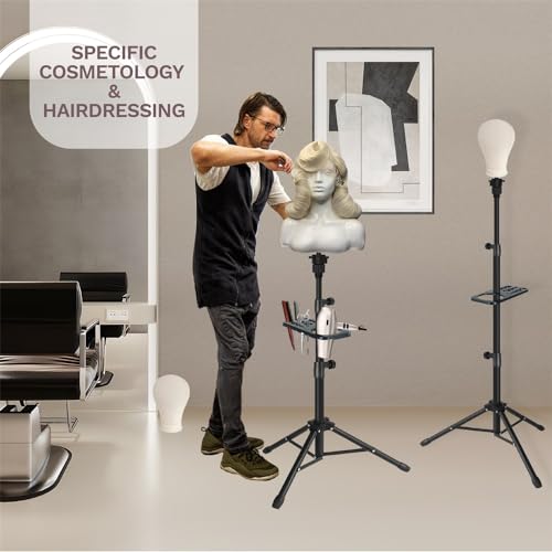 50 Inch Metal Wig Stand, Adjustable Wig Head Stand, Mannequin Head Stand for Cosmetology Hairdressing, Wig Stand Tripod with Tool Tray (Black, Mannequin Head Not Included)