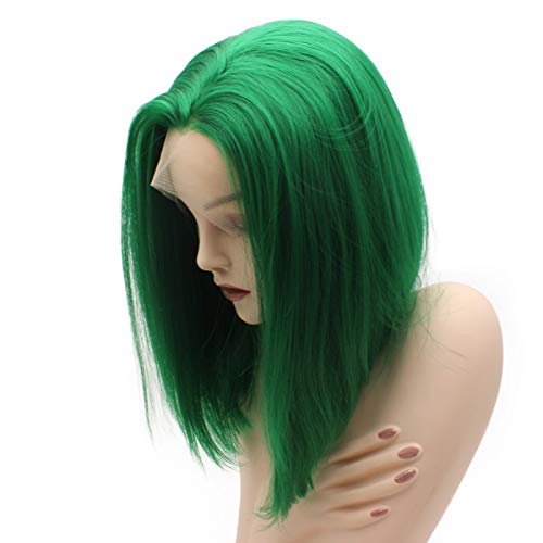 iwonawig Iewig Short Bob Straight Green Wig Half Hand Tied Synthetic Lace Front Heat Friendly Fiber