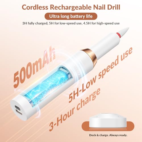 Portable Electric Nail Drill Professional - 30000RPM Cordless Electric Nail File, Manicure Pedicure Kit for Acrylic Nails & Gel Polish Removal, Rechargeable with 12 Drill Bits for Salon and Home