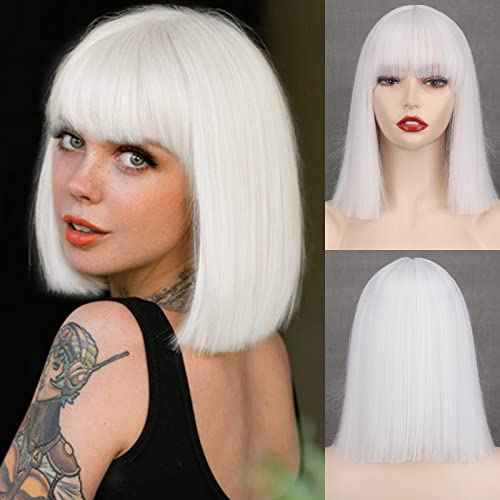 MERISIHAIR Short Bob White Wig with Bangs Silver White Short Wigs for Women Straight Bob White Cospaly Hair Wig for Daily Party Halloween