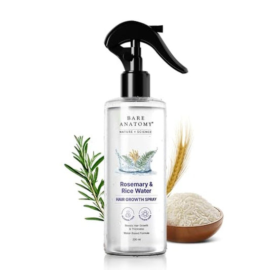 Bare Anatomy Nature x Science Rosemary Water Spray for Hair Growth & Hair Thickness with Rice Water |100% Natural Extract | Soft & Smooth Hair| Controls Hairfall| Non-Greasy & Fast Absorbing | 200ml