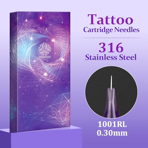 ATOMUS 20pcs Tattoo Cartridge Needles with 20pcs Silicone Ink Cups Size #10 RL RS RM M1 Purple Round Liner Tattoo Needles for Tattoo Gun Pen Liner Pattern (1RL)