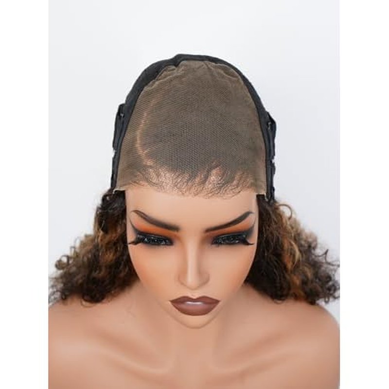 ISEE Hair Highlight Glueless Bob Wigs Human Hair Pre Plucked Pre Cut 2/30 Honey Blonde Curly Human Hair Wig for Black Women Ombre Water Wave 5x7 HD Lace Closure Wigs with Elastic Band 12 Inch