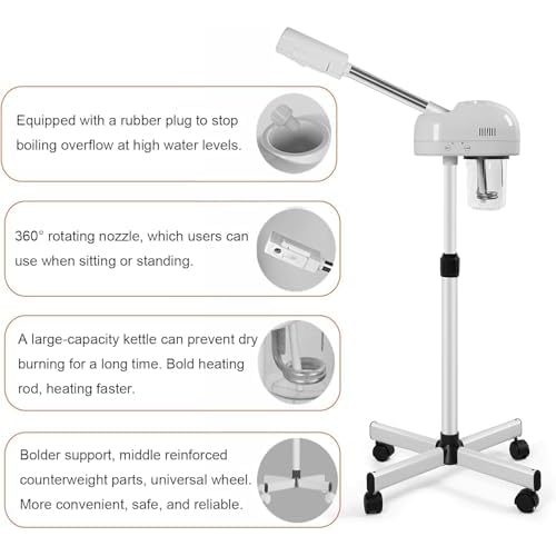 Professional Facial Steamer with Hot Mist Function, Stand Facial Steamer On Wheels, Height Adjustable & 360¡Æ Rotatable Nozzle, Use at Home & Salon SPA