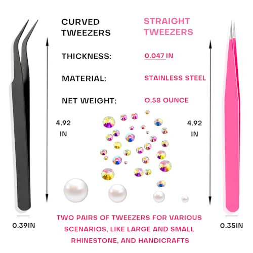 13 Pcs Rhinestone Picker Tool - 3 Pcs Dual-head Pens with 6 Wax Tips, 15 Pcs Clay, Precision Curved and Straight Tweezers Kit for Picking Up Nail Art Gems, Stones, Crystals, and Nail Charms