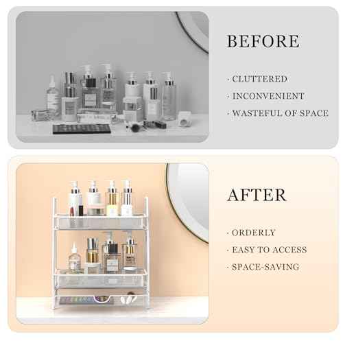LEMIKKLE 2-Tier Bathroom Counter Organizer with Drawers, Multi-Purpose Makeup Organizer Countertop, Large Skincare Organizers, Exquisite Vanity Shelf