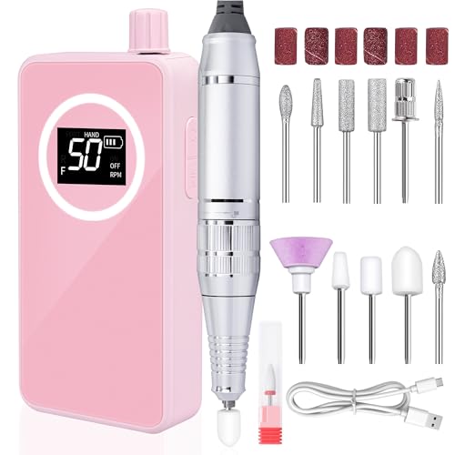 Nail Drill, Portable Electric Nail File 50000RPM, Rechargeable Nail Drill Professional with Bits for Acrylic Gel Nails, E-File Machine Manicure Polishing for Salon Home,Pink
