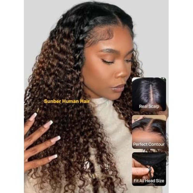 Sunber EasiContour V Part Human Hair Ombre Chestnut Brown Curly Glueless Wig Upgrade Vpart Wigs No Leave Out No Gel 180% Density V Shape Clip Wigs No Sew in Ready to Go Beginner Friendly 16Inch