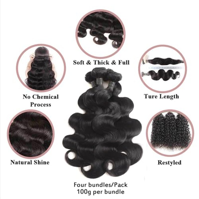 Body Wave Bundles with Closure Human Hair 16-20+2x6 HD Lace Closure 14Inch Brazilian 100% Human Hair Quick Weave Wavy Curly for Women Natural Black