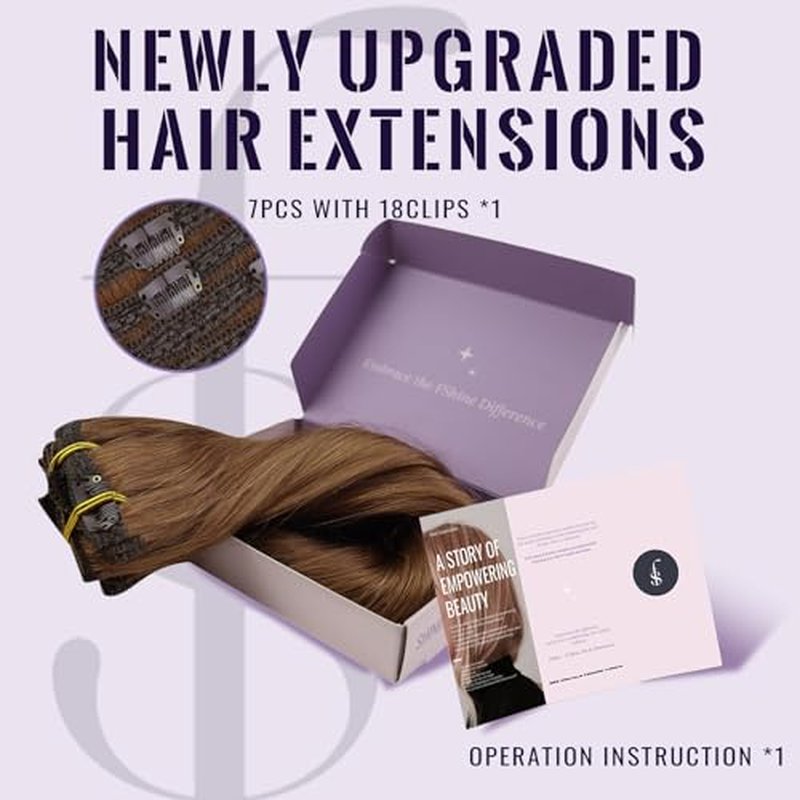Fshine 18 Inch Clip In Hair Extensions Reddish Brown 105 g 7 pcs Real Human Hair Extensions, For Women Seamless And Comfortable Ideal For Work Parties Or Romantic Date Hairstyles