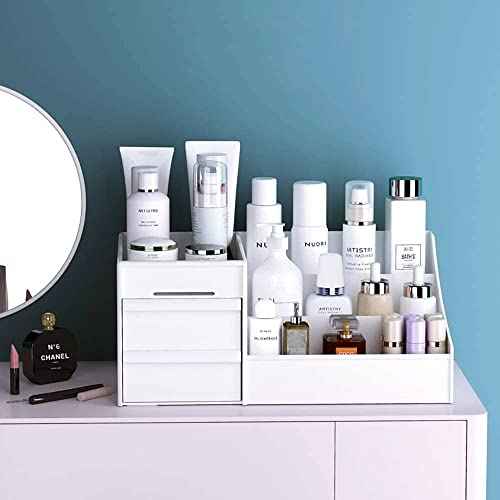 Makeup Desk Organizer with Drawers, Countertop Organizer for Cosmetics, Vanity Holder for Lipstick, Brushes, Lotions, Eyeshadow, Nail Polish and Jewelry (White)