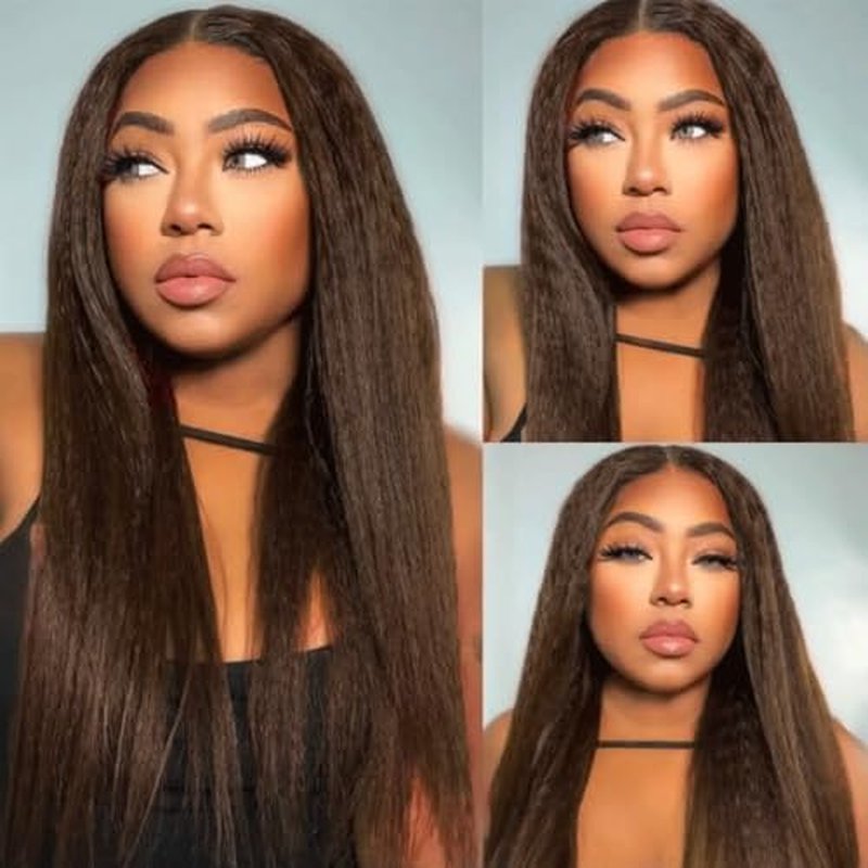 Dark Brown Yaki Straight Human Hair Bundles Remy Hair 3 Bundles 26 28 30 Inch Chocolate Brown Kinky Straight Color #4