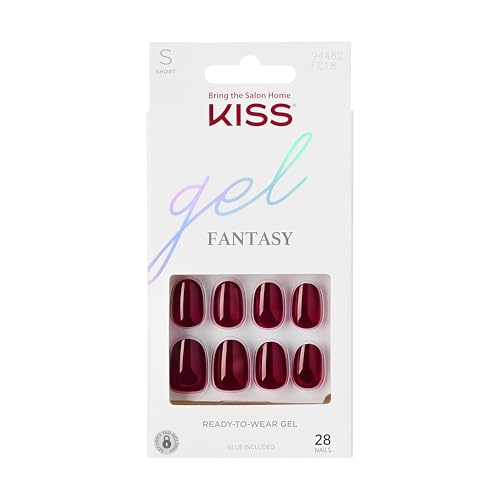 KISS Gel Fantasy, Press-On Nails, Nail glue included, 'One Call', Red, Short Size, Oval Shape, Includes 28 Nails, 2g glue, 1 Manicure Stick, 1 Mini File