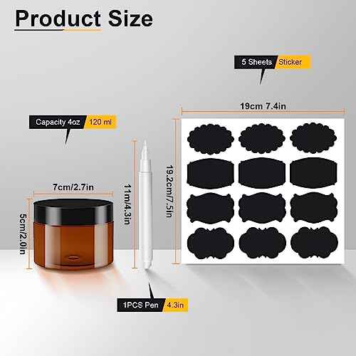 Dandat Amber Plastic Jars with Lids Refillable Round Storage Container with Labels and Pen Christmas Small Empty Travel Jar for Lotion Gel Essential Oil Body Powders Ointments(4 oz, 121 Pcs)
