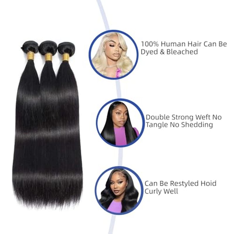 12A Straight Bundles Human Hair,100% Unprocessed Human Hair Brazilian Virgin Straight 3 Bundles Deals Real Natural Black Color Hair Extensions for Women 20 22 24 Inch