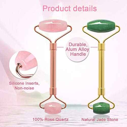 2 Pack Jade Facial Roller & Rose Quartz Face Roller for Wrinkles and Puffiness, Natural Jade Stone Face Massager Roller
