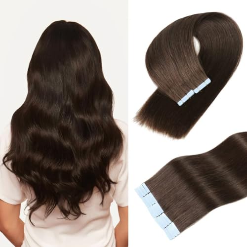 Tape in Hair Extensions Human Hair 100% Remy Hair 20pcs 50g/Pack Straight Seamless Invisible Skin Weft Extensions Easy to Apply and Style (#2 Dark Brown, 20 Inch)