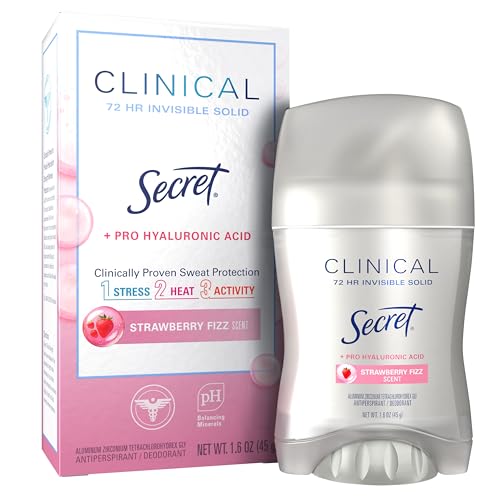 Secret Clinical Strength Antiperspirant Deodorant for Women, 3X Stress Protection, 72hr Sweat & Odor Protection, Pro-Hyaluronic Acid, Invisible Solid, Strawberry Summer Fizz Scent, 1.6 oz