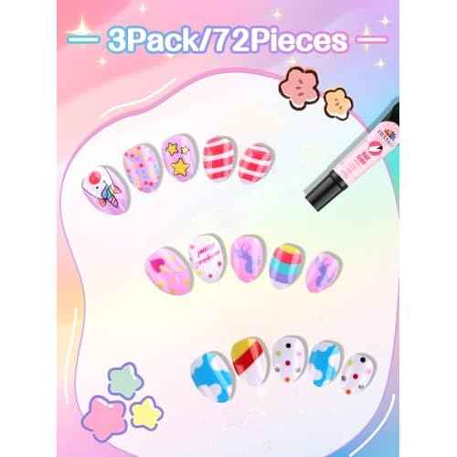 EBANKU Kid Press on Nails, 72Pcs Almond Fake Nails Kit Full Cover Colorful Cute Patterns Design Acrylic Nails with Nail Glue for Girl Halloween Party
