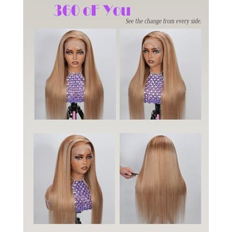 13X6 Ombre Chocolate Brown Lace Front Wigs Human Hair Highlighted Ash Blonde Mixed Brown HD Transparent 180% Density Lace Frontal Wig Natural Hair with Baby Hair 22"