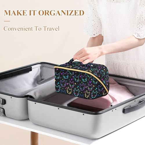 Makeup Organizer Bag, Colorful Neon Cat Heads Travel Makeup Bags Makeup Vanity Case Large Capacity Rhombus Cosmetic Toiletry Bag for Girl Women Ladies