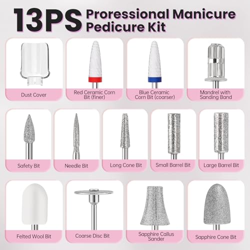 Electric Nail Drill, Cordless 2000 mAh Rechargeable Portable Nail File 12 in 1 Kit for Thick Toenails, 10 Speeds Nail Dril Machine Professional Manicure Pedicure for Hand Natural Nails Care (White)