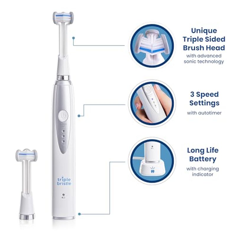 Triple Bristle Kids Sonic Toothbrush | 2 Pack | 3-Sided Brushing to Clean Teeth and Gums | Dentist Created & Approved | Fun Sticker Rewards | Rechargeable Toothbrush