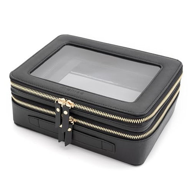 Aveniee XL Clear Makeup Organizer,Double Layer Travel Cosmetic Case with Brush Holder & Zippered Compartments,Big Toiletry Bag for Travel Accessories,2 Layers Large,Black
