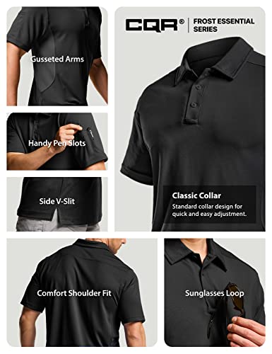 CQR Men's Polo Shirts, Tactical Short Sleeve Golf Performance Shirts, Lightweight Dry Fit UPF 50+ Pique, Frost Essential Black, XX-Large Tall