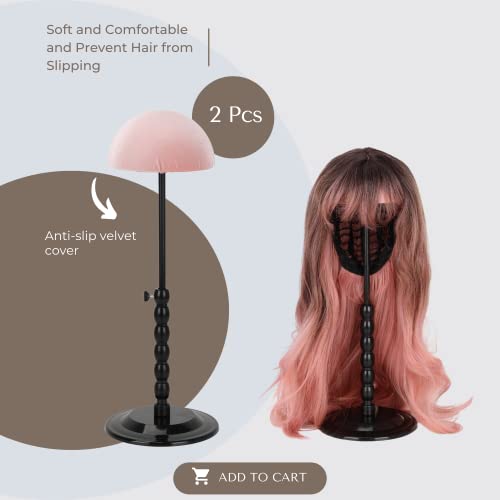 Wig Stand - Plastic Wig Stand 2 Packs Portable Foldable Wig Hat with Velvet Cover Holder Height Adjustable (12-18.8 Inches) Easy to Install Support Wig Display Stand (Black)