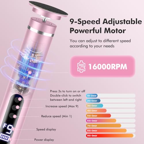 2 in 1 Electric Foot Callus Remover & Nail File Cordless, 16000RPM Professional Pedicure Tools for Feet Dead & Cracked Skin, Rechargeable 9 Speed Adjustable Foot Sander, Christmas Gifts for Women/Mom
