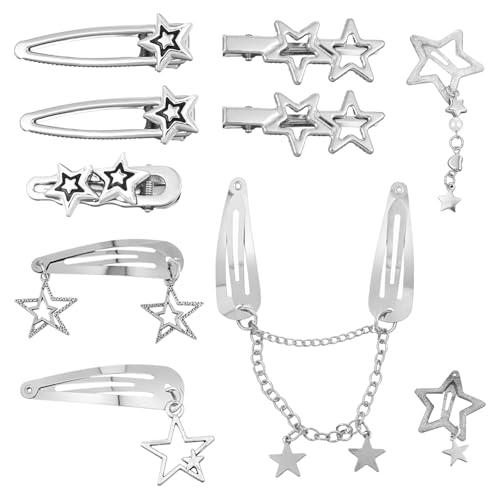 10Pcs Star Hair Clips, Silver Y2K Hair Accessories, Metal Hair Barrettes 8 Shapes Pentagram Bobby Pin Non-Slip Punk Kawaii 2000s Cool Hair Hairpin for Long Short Curly Wavy Hair