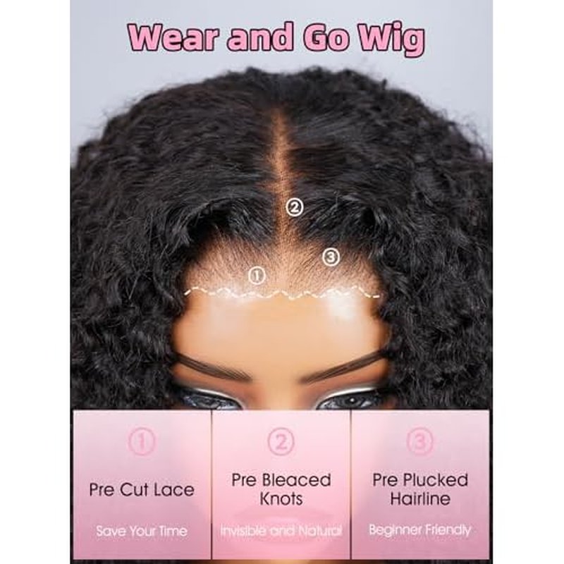 Kinky Curly Wear and Go Glueless Wigs Human Hair Pre Plucked Pre Cut 7x5 Lace Front Wig Pre Bleached Knots 180% Density Closure Wigs Human Hair for Women Natural Color 16 Inch