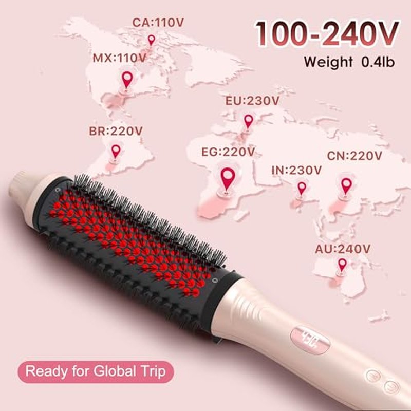 Infrared Thermal Brush, 1.65 inch Heated Round Brush for Blowout Look, Universal Voltage, Negative Ion Technology, 6 Temperature Settings, Less Damage, Pink Gifts for Women Teen Girls