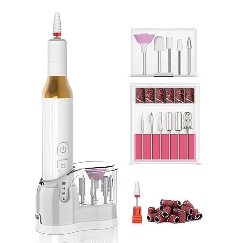 Nail Drill,Cordless Electric Files for Gel Nails E-File Manicure Kit Women Rechargeable Drill para U?as Profesional Machine Grinder Acrylic White (M918)