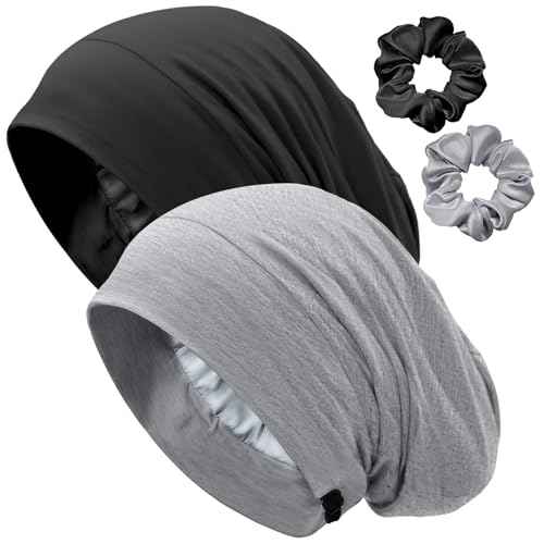 Satin Lined Bonnet for Sleeping Women Men - Adjustable Sleep Cap, Slouchy Beanie Hair Wrap for Curly Braid Locs