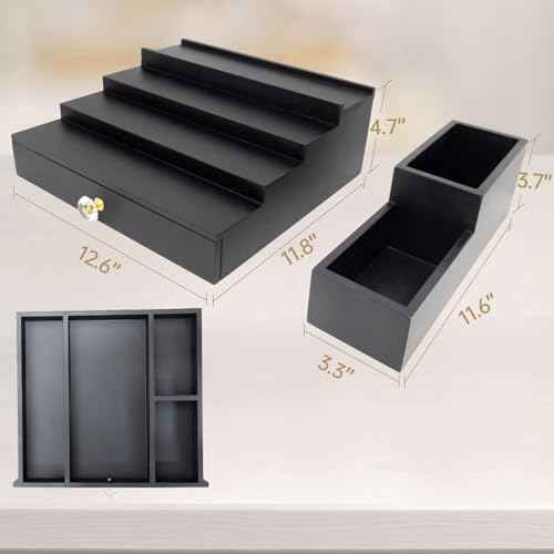 4 Tier Wood Cologne Organizer Stand for Men Wooden Black Perfume Shelf Fragrance Display Risers with Drawer Hidden Compartment Cologne Holder Wood Dresser