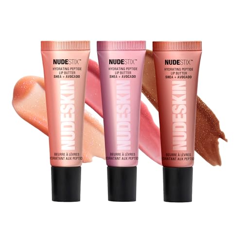 Nudestix NudeGlow Lip Set ? 3-Piece Hydrating Peptide Lip Butter Kit with Glossy Shimmer Tints | Includes Vanilla Sprinkle, Rose Sparkle & Mocha Magic | Clean, Vegan, Plumping Lip Balm Trio