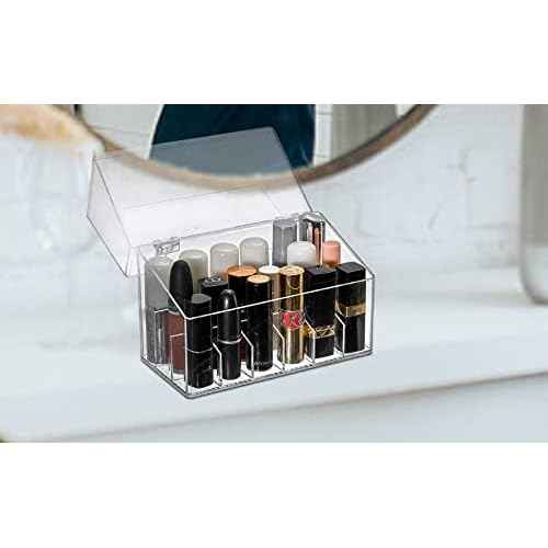 Foraineam 3 Pack Lipstick Holder Organizer with Lid, 18 Spaces Clear Acrylic Lipstick Display Stand Container, Dust-proof Beauty Makeup Storage Case for Cosmetic Dresser Vanity Cabinet Display