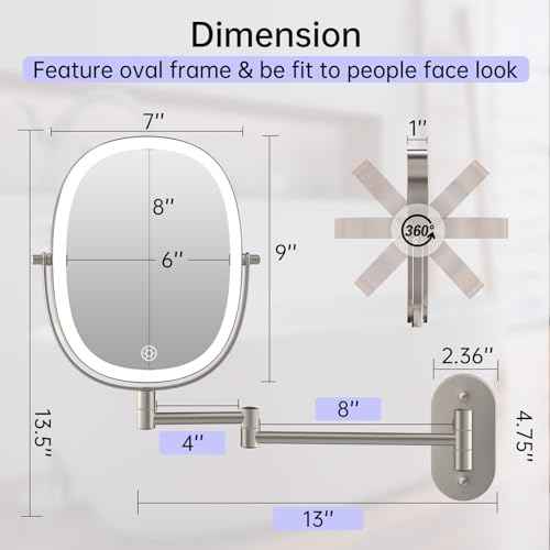 Lighted Wall Mounted Makeup Mirror, Double Sided 1X/7X Magnifying Mirror, 3 Color Lighting Option Dimmable, 360 Rotation Extension Foldable Arm, Oval Frame Rechargeable Vanity Mirror with Lights