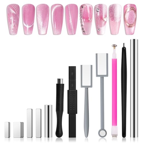 MelodySusie Nail Magnet Set 12PCS, Cat Eye Gel Nail Polish Magnets, Square Round Double Ended Magnet Stick, Cat Eye Magnet for Nails, Strong Magnetic Nail Polish Magnets Nail Design Tools