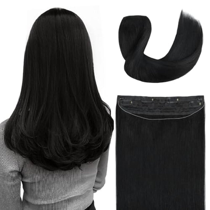 Invisible Wire Hair Extensions Real Human Hair - 22 Inch 95G Jet Black Transparent Fish Line Clip-Ins Hair Piece, 100% Remy Human Hair Extensions for Women