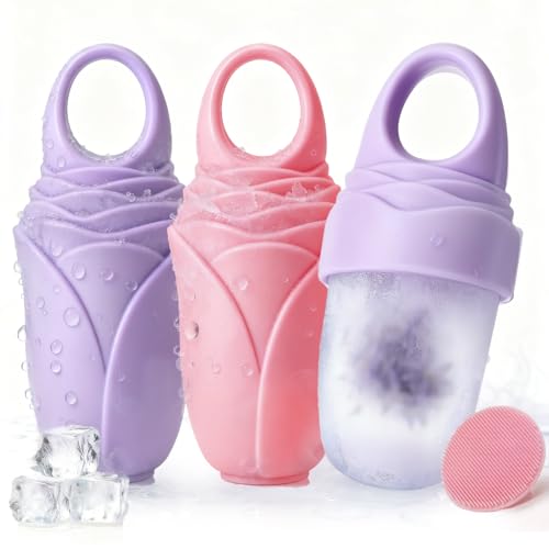 3 Pcs Facial Ice Roller Silicone Mold Reusable for Face Women and Eye Neck Cold Skin Care Tools Freezer De Puff Eye Bags Reduce Migraine Pain Pink 1 + Purple 2