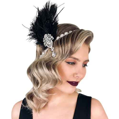 SWEETV 1920s Feather Headpiece Black, Womens Ostrich Feather Crystal Headband, Great Gatsby Hair Accessories for Women, Ribbon Tie