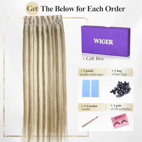WIGER Seamless Highlighted Honey Blonde Human Hair Extensions No Glue No Gel Insert Human Extensions Balayage Invisible PU Hair Extensions (18 In, 20 Pcs)